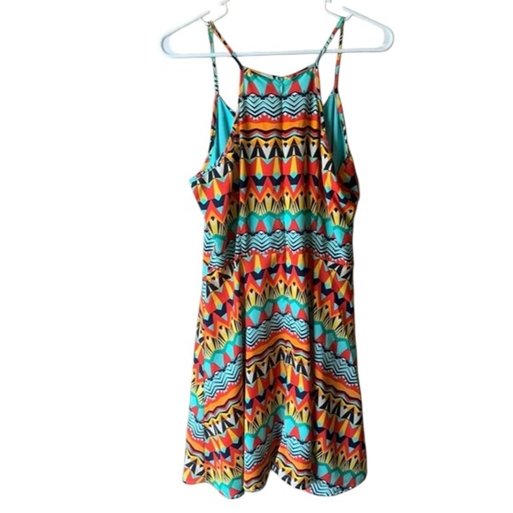 Pink Owl Mini Dress Size Large Southwest Aztec Ruffle Tunic Front Geometric - Picture 2 of 9